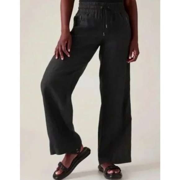 Athleta Pants 12P Cabo Wide-Leg High Rise Joggers Black Linen - Picture 10 of 12